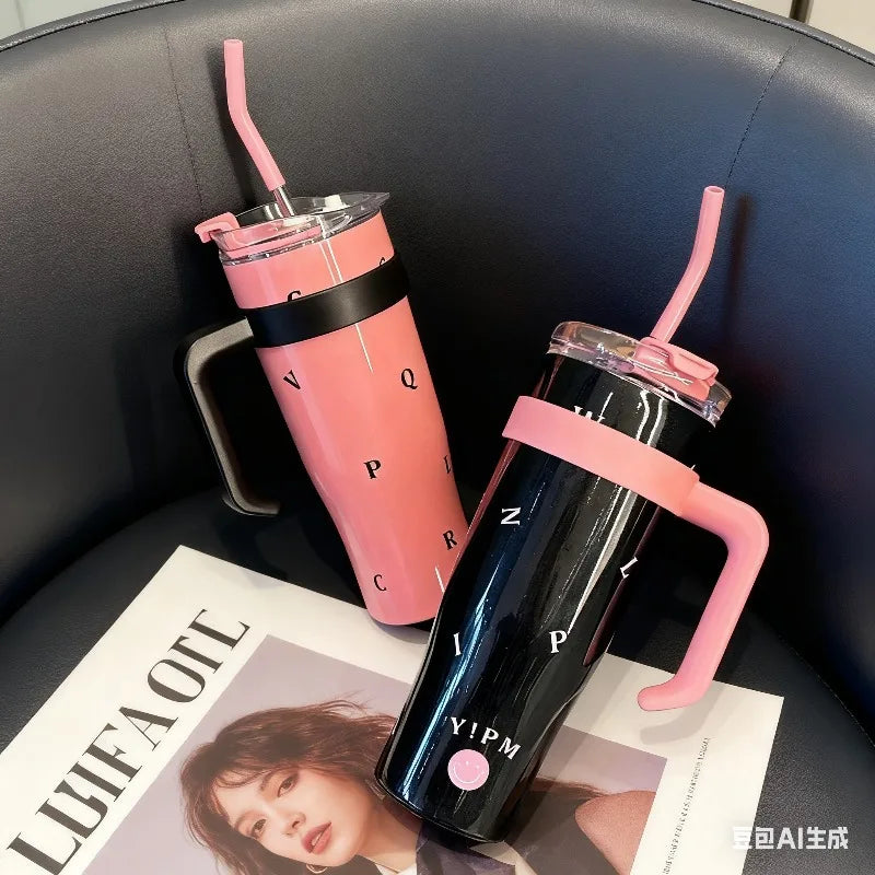 1200ml 304 stainless steel insulated cup, ice cup, large capacity portable straw cup, can keep hot water and can keep ice